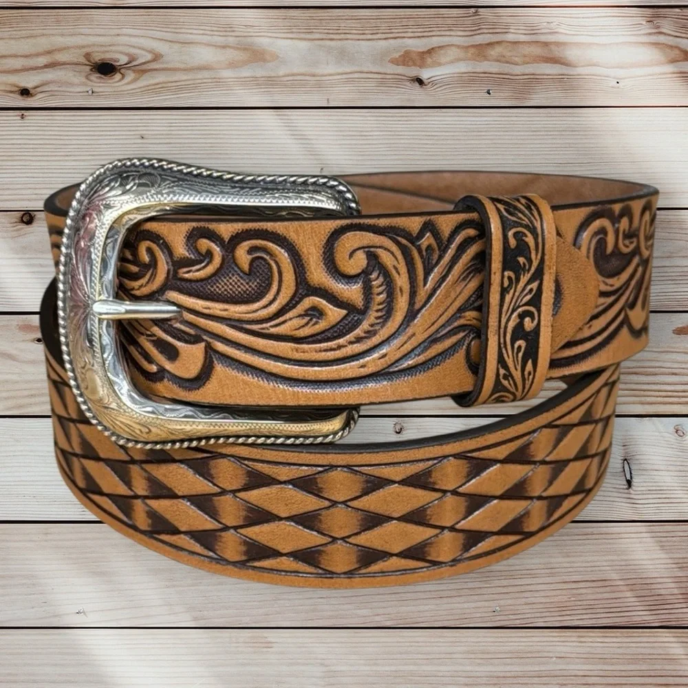 NWT Justin Western Scroll Tooled Brown Leather w/Silver Buckle #BR5029 Mens 34